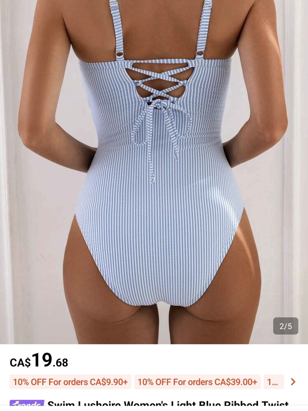 SHEIN Light Blue Ribbed One-Piece Swimsuit with Lace-Up Back
